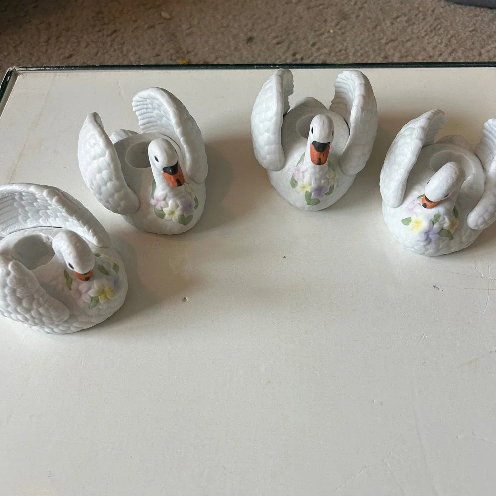 Schmid 1989 Vintage White Ceramic Swan Candle Holders Set of 4 Floral Accents